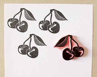 Cherry rubber stamp, hand carved, Summer DIY, decor ideas, fruit stamp Summer Diy Decor, Linoleum Stamp, Fruit Stamp, Eraser Stamp, Hand Carved Rubber, Linoleum Print, Linocut Printmaking, Lino Art, Summer Cherries