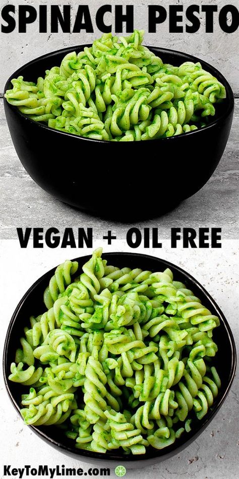 This spinach pesto recipe is so healthy and so easy! It’s SO good. I love that there’s no oil or dairy in it, and that it’s more affordable than traditional basil pesto! #spinachpasta #spinachpesto #veganpesto #pesto | keytomylime.com Vegan Oil Free Sides, Oil Free Meals Clean Eating, Vegan Spinach Pesto Recipe, Vegan Oil Free, Pesto Vegan, Asian Vegetarian Recipes, Healthy Oil, Vegan Spinach, Spinach Pesto