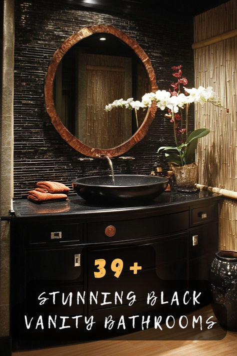 Explore 39 stunning black vanity bathroom ideas that transform your space. 🖤🚿 These designs feature sleek finishes, modern fixtures, and sophisticated accents that add elegance to any bathroom. Ready to upgrade your bathroom style? Click to explore all the bold ideas! #BlackVanityBathroom #SleekFinishes #ModernFixtures #SophisticatedAccents #BoldElegance Half Bath With Black Vanity, Black And Gold Powder Room, Black Vanity Bathroom Ideas, Vanity For Vessel Sink, Fox Bathroom, Black Sink Bathroom, Black Vanities, Vanity Bathroom Ideas, Modern Fixtures