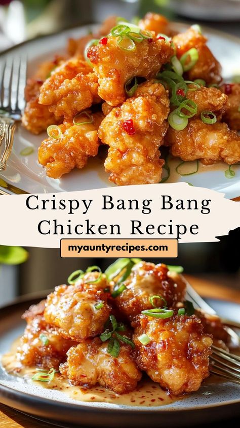 This Easy Bang Bang Chicken recipe is a must-try for any spicy food lover! Tender, crispy chicken bites are smothered in a creamy, zesty sauce that will leave you craving more. Ideal for a fun dinner party or a cozy night in, this dish pairs perfectly with rice or a fresh salad. It’s a quick and flavorful way to elevate your chicken game! Crispy Chicken Lunch Ideas, Popcorn Chicken And Rice, Chicken Bites And Rice, Quick And Easy Asian Dinner Recipes, Quick Easy Chicken Dinner Ideas, Chicken Thigh Recipes Fried, Chicken Bang Bang Recipe, Bang Bang Chicken Tenders, Asian Style Chicken Breast