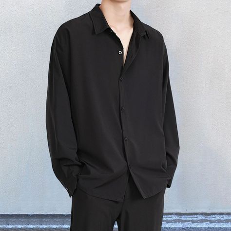 Casual Black Shirt, Shy core, summer outfit, gothic, Asian style, cool guy Male Fashion Black, Black Shirt Outfit Men, Black Shirt Outfits, Korean Street Fashion Men, Guys Fashion Casual, Black Outfit Men, Stylish Shirts Men, Shirt Outfit Men, Fancy Shirt