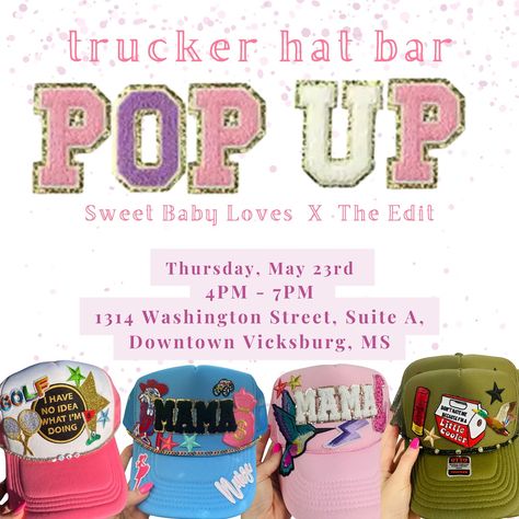 ⚡️TRUCKER HAT BAR POP UP ⚡️ O-M-G!😆💕 We are SO excited to be hosting @contactshoptheedit for a Trucker Hat Bar #POP #UP ! These hats are cute, trendy, & so fun to make! For sure to be your fav Summer accessory 🧢🎀 We can’t wait to see all of your creative custom hats get made on 𝗠𝗔𝗬 𝟮𝟯𝗿𝗱 from 𝟰-𝟳𝗽𝗺 at Sweet Baby Loves Boutique! 🫶 𝗖𝗨𝗦𝗧𝗢𝗠 𝗛𝗔𝗧 𝗣𝗥𝗜𝗖𝗜𝗡𝗚 • Basic: 1 patch, $25 • Double Decker: 2 patches, $30 • Specialty Hat: 3-4 patches, $42 𝗔𝗗𝗗 𝗢𝗡𝗦 • Small Patch: $3 • Large Patch: $5 • Basic... Trucker Hat Bar Patch Display Ideas, Trucker Hat Bar Set Up, Trucker Hat Bar Pop Up Shop, Diy Trucker Hat Patch, Trucker Hat Bar, Trucker Hat Patch, Pop Up Shop, Summer Accessories, Custom Hats