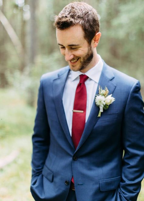 Navy Suit Blue Tie, Navy Suit Grey Waistcoat, Fiance Suit, Navy Suit Tie, Suit Red Tie, Tuscan Wedding Theme, Suit With Red Tie, Navy Blue Suit Wedding, Banff Gondola