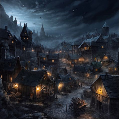 Medieval Dark Fantasy City, Dark Village Fantasy Art, Dark Fantasy City Art, Poor Fantasy Village, Victorian Village Aesthetic, Werewolf Village, Dark Fantasy Village, Fantasy Setting Village, Vampire Village