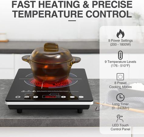 VBGK Electric Ceramic Cooktop, Electric Stove Top with Touch Control, 9 Power Levels, Kids Lock & Timer, Hot Surface Indicator, Overheat Protection,110V Induction Cooktop Electric Stove Top, Ceramic Cooktop, Single Burner, Electric Cooktop, Electric Stove, Induction Cooktop, Touch Control, Temperature Control, Stove Top