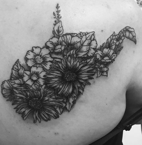 Floral West Virginia - My artist drew this up for me from two other tattoos I wanted and couldn't decide which one i wanted so I combined them both together! #WestVirgina #Floral West Virginia Tattoo Women, Wv Mountain Tattoo, Wv Tattoo Ideas West Virginia, West Virginia Mountains Tattoo, West Virginia Tattoo Ideas, Wv Tattoo Ideas, Virginia Tattoo Ideas, Wv Tattoo, West Virginia Tattoo