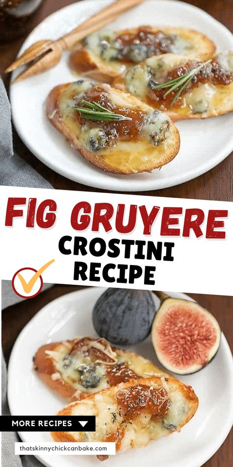 Fig Gruyere Crostini - An unusual combination of toppings that's sure to be a hit with fig jam, Gruyere, blue cheese and rosemary! Perfect for autumn gatherings. #appetizer #crostini #gameday #elegantappetizer Fig Crostini Appetizers, Fig Spread Appetizer, Fig Jam Crostini, Appetizer Crostini, Fig Appetizer, Easy Make Ahead Appetizers, Fig Cookies, Fig Spread, Crostini Appetizers