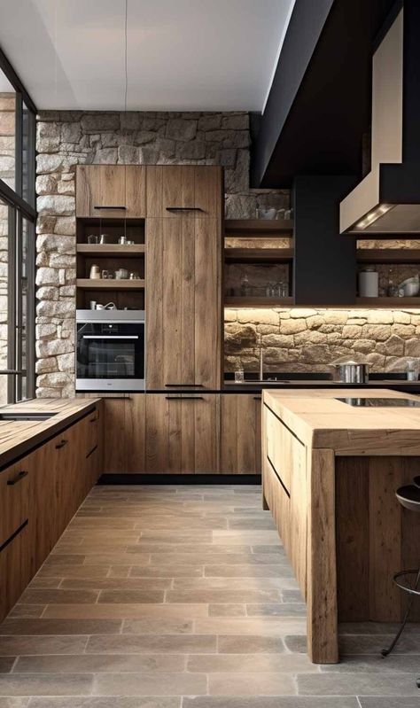 Rustic And Modern Kitchen, Wood Accents Kitchen, Kitchen Rustic Modern, Kitchen Cabinets Wood, Modern Konyhatervezés, Chalet Kitchen, Kitchen Oak, Reclaimed Wood Kitchen, Engelberg