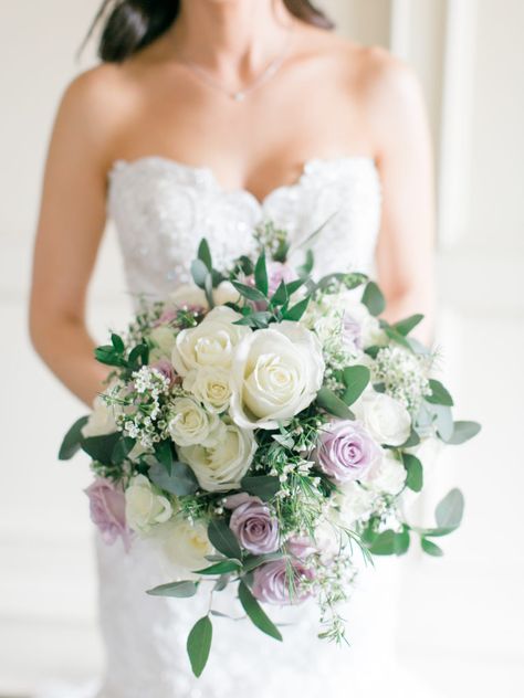 A Spring Park Savoy Wedding with Erin + Matthew | Jessa's Journal White Flowers With Purple Accents, Light Purple Bridesmaid Bouquet, Wedding Flowers With Purple Accents, Light Purple Bridal Bouquet, White Lavender Bouquet, White Green Lavender Bouquet, Lavender And White Wedding Flowers, Purple White Wedding Flowers, Green Dress Purple Flowers