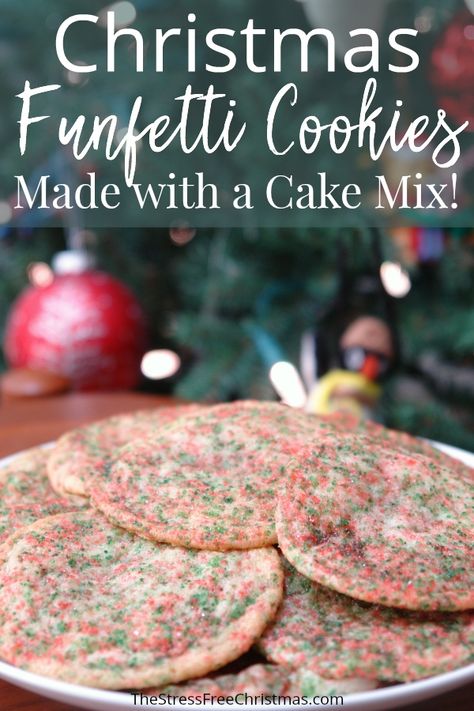 Christmas is such a fun time to bake cookies and these Christmas Funfetti Cookies are one of my new favorites! They are easy to make because you make them from a cake mix. They are just so festive and fun. #Christmas #funfetti #cookies Christmas Funfetti Cake, New Year Desserts, Funfetti Cake Mix Cookies, Shortbread Bites, New Year's Desserts, Funfetti Cookies, Funfetti Cake Mix, Delicious Christmas Cookies, Vegan Candies