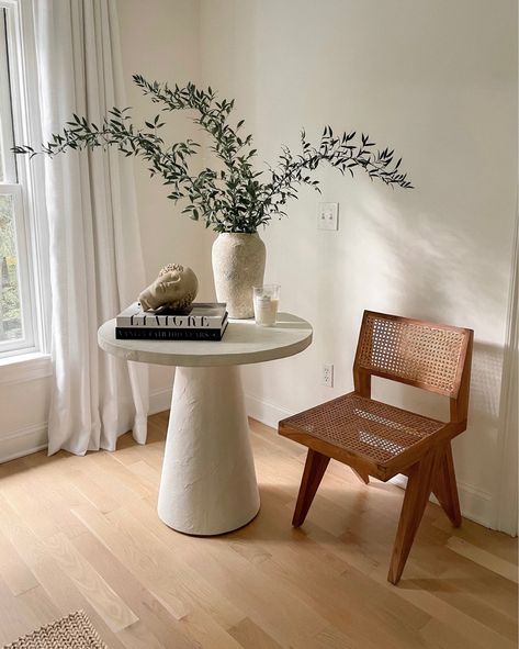 Willy White Plaster Pedestal Bistro Table, White Plaster Table, Pedestal Decor Ideas, White Pedestal Dining Table, Entryway Round Table, Pedestal Bistro Table, White Pedestal Table, Kat Jamieson, Plaster Table