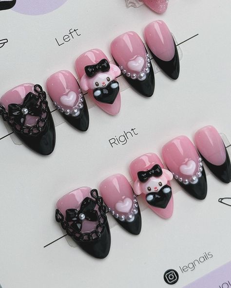 ♡꒰ა 🎀 ໒꒱♡ Sweet Melody #sanrionails #pressonnails #cutenails #pinknails💕 | Instagram Jirai Kei Nails, Chunky Nails, Harajuku Nails, Pink Black Nails, Sweet Melody, Fake Nails Designs, Gothic Nails, Jirai Kei, Pretty Nail Designs