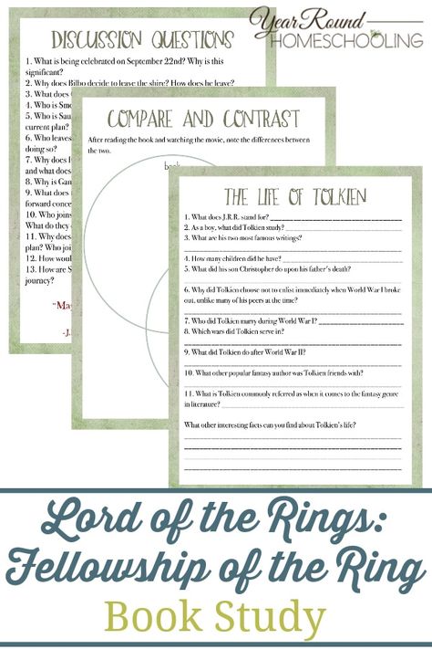 Lord Of The Rings Homeschool, Lord Of The Rings Unit Study, Lord Of The Rings Activities, Book Literature, Study Together, Ring Book, Free Homeschool Curriculum, Literature Activities, The Fellowship Of The Ring