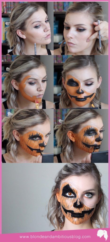 Pumpkin Makeup Looks Easy, Diy Jack O Lantern Costume, Jack O Lantern Halloween Costume, Half Pumpkin Face Makeup, Pumpkin Make Up Halloween, Pumpkin Face Makeup Halloween, Jack O Lantern Face Paint, Jack O Lantern Makeup Easy, Easy Pumpkin Makeup Halloween