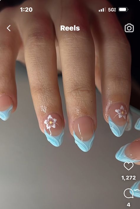 Nail Design For Cruise, Blue Acrylic Nails Almond, Cruise Nail Ideas, Beach Vacay Nails, Pink Blue Nails, Baby Blue Acrylic Nails, Hawaiian Nails, Cruise Nails, Blue Gel Nails