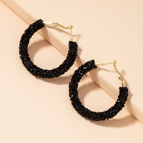 Black Earrings Elegant, Black Vacation, Hoop Jewelry, Junior Prom, Black Hoops Earrings, Embellished Fashion, Black Jewel, Crystal Hoop Earrings, Wedding Party Jewelry