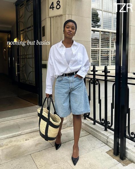 Fall Office Outfits, Hot Weather Outfits, Long Denim Shorts, Denim Shorts Outfit, Summer Trends Outfits, Summer 24, Spring 2023, Long Shorts, Summer Trends