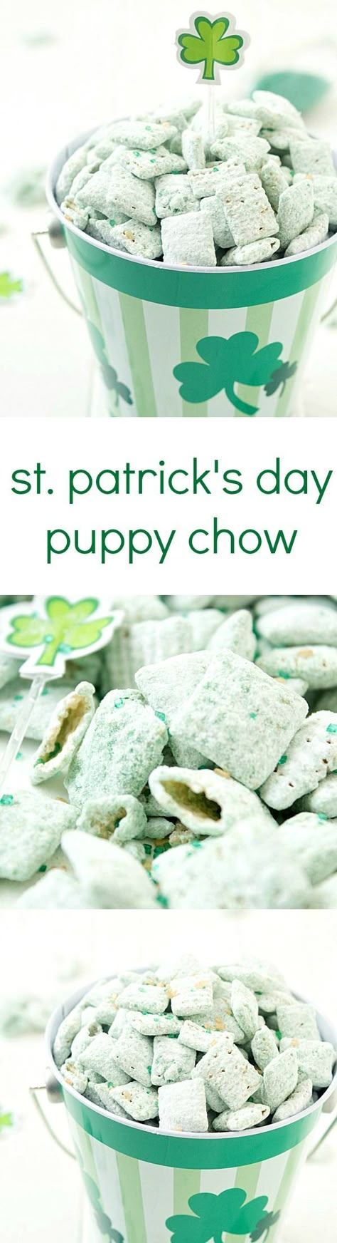 St. Patrick's Day Puppy Chow Recipe - The perfect green and minty snack! Beware, it's highly addictive and you will not be able to stop! Sant Patrick, Puppy Chow Recipe, Chow Recipe, Fete Saint Patrick, St Patrick Day Treats, Puppy Chow Recipes, Rice Chex, Chex Cereal, St Patricks Day Food