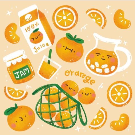 Orange Doodle Aesthetic, Dessert Cartoon Drawing, Cute Fruit Drawings Kawaii, Orange Illustration Fruit, Cute Fruit Drawings, Cuties Oranges, Cute Fruit Illustration, Orange Doodles, Juice Drawing