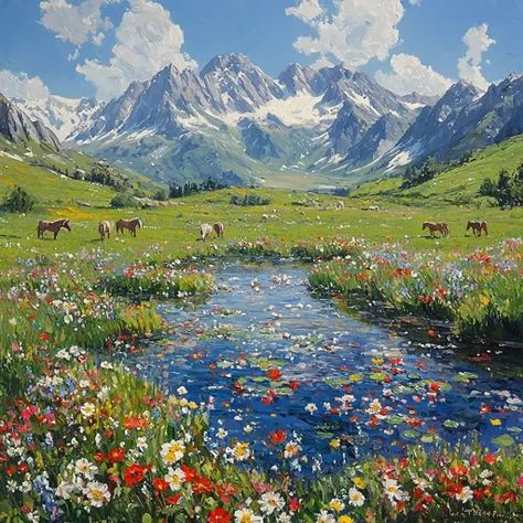 ↑↑↑ Larger size on website 🔸 A serene landscape painting depicts a winding stream flowing through a meadow, dotted with wildflowe Meadow Painting, Bright Blue Sky, Serene Landscape, Fluffy Clouds, Image Generator, Shades Of Red, Landscape Painting, Bright Blue, The Scene