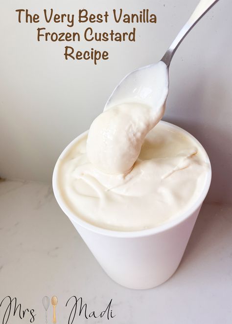 This will be the creamiest homemade ice cream you will ever make. I guarantee it! Vanilla is a perfect base for mix ins. #frozencustard #vanilla #icecream #mrsmadi #recipe How To Make Custard Ice Cream, Vanilla Custard Ice Cream, Frozen Custard Recipe, Frozen Custard Recipes, Ice Cream Sandwich Cake Recipe, Custard Ice Cream Recipe, How To Make Custard, Custard Ice Cream, Ice Cream Sandwich Cake