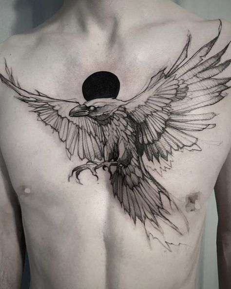 Raven Chest Tattoo, White Raven Tattoo, Chest Tattoo Men Ideas, Tattoo Men Ideas, Rabe Tattoo, Sketchy Style, Crow Tattoo Design, Chest Tattoo Ideas, Retro Tattoos