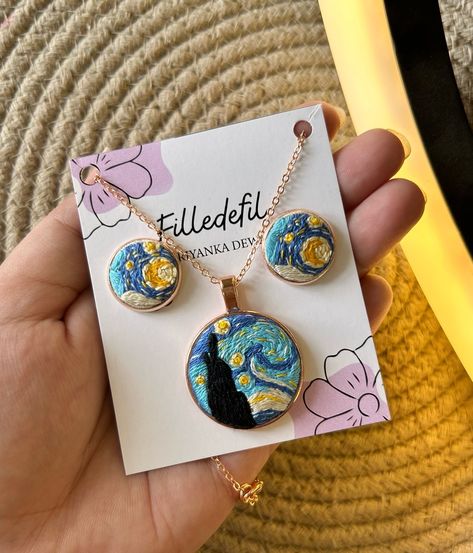 Starry Night 🌠🌜 Hand embroidered Starry Night Jewellery inspired by Van Gogh painting ❤️ DM to Shop 💌 #starrynight #vangogh #starrynights #handwork #threadwork #handmadejewelry #earrings #vangoghinspired #embroidery #embroideryart #dmtoshop #shopsmall #ordernow #filledefil Starrynight Vangogh, Embroidery Jewellery, Hand Embroidered Jewelry, Diy Jewelry Set, Van Gogh Painting, Stitching Ideas, Embroidered Jewelry, Van Gogh Paintings, Embroidery Jewelry