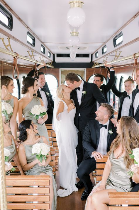 Quintessential Rhode Island Wedding transportation- a trolley! Wedding party portraits. Adorable white and greenery bouquets for bridesmaids. Small intricate white and green boutonnieres for groom and his groomsmen! Photographer: Stephanie Vegliante https://photographysv.com Floral Design: Hana Floral Design @hanafloral Trolley Wedding, Wedding Trolley, Green Boutonniere, Greenery Bouquet, Wedding Transportation, Rhode Island Wedding, Let's Get Married, Groom And Groomsmen, Photography Inspo