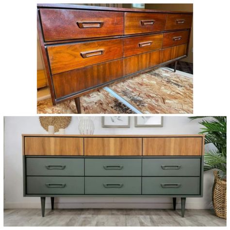 Old Wooden Dresser Makeover, Mcm Dresser Makeover Green, Diy Mid Century Modern Furniture Makeover, Mid Century Upcycled Furniture, Green Dresser Diy, Dresser Diy Makeover, Diy Old Furniture Makeover, Sideboard Upcycle, Diy Furniture Restoration