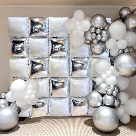 Orgnafey Silver and White Mylar Square Foil Balloon Wall Tunnel Arch Background Double sided Flat Metallic Silver&White Balloon Garland Kit Anniversary Birthday Celebration Party Backdrop Decorations Silver And White Birthday Party Decor, Foil Balloon Wall, White Balloon Garland, Summer Baby Shower Themes, Arch Background, Rainbow Balloon Arch, Baby Birthday Party Decorations, Silver Party Decorations, Simple Birthday Party