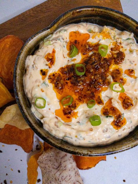 Charred Scallion and Chili Crisp Dip - She's Almost Always Hungry Fancy Chips And Dip, Recipes Using Chili Onion Crunch, Uses For Chili Crisp, Asian Dips Appetizers, Chili Crisp Recipe Ideas, Recipes With Chili Crisp, Chili Crisp Uses, Fancy Dips, Chips And Dip Recipes