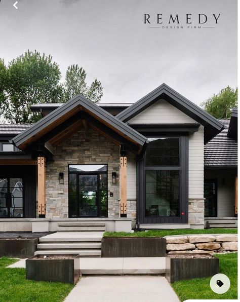 Bungalow Addition Ideas, Dark Modern Farmhouse Exterior, Rustic Exterior House Colors, Dark Exterior House Colors, Dark Exterior House, Stone Siding Exterior, Lake Houses Exterior, Paint Color Ideas, Rustic Exterior