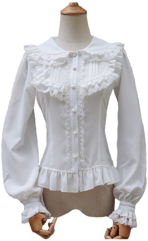 Smiling Angel Women's Ruffle Sweet Lapel Collar Lolita Blouse Angel Clothes, Chiffon Lace Blouse, Blouse Elegant, Lantern Sleeved Blouses, Women White Blouse, Doll Collar, Feminine Blouses, Shirt Female, Elegant Blouses