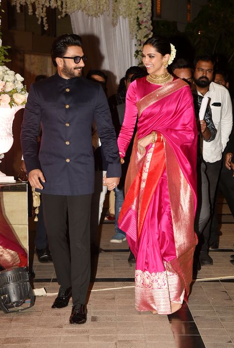 deepika sarees 2019 Deepika Padukone Pink Saree, Deepika In Pink Saree, Banarsi Saree With Full Sleeve Blouse, Diwali Makeup, Deepika Padukone Saree, Rekha Saree, Saree Outfits, Saree Looks, Bridal Clothing