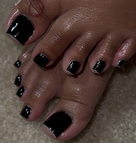 Black Pedicure Designs, Black Toe Nails With Rhinestones, Acrylic Toes Black French Tip, Black Toes And Nails, Black Toes Black Women, Acrylic Toes Black, Black French Tip Toes And Nails Set, Black Pedicure Ideas, Black Acrylic Toes