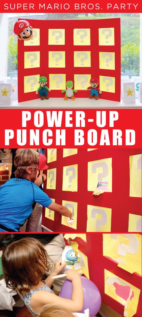 super mario power up punch board Mario Party Ideas Games, Classic Nintendo Birthday Party, Mario And Sonic At The Olympic Games Birthday Party, Mario Party Bag Ideas, Mario Mushroom Decoration, Mario Bros Birthday Party Games, Mario Party Crafts, Toad Birthday Party Super Mario, Diy Super Mario Party Games