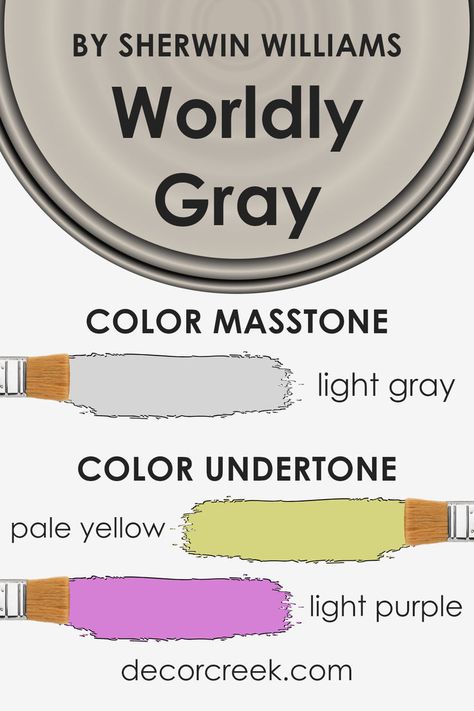 Undertones of Worldly Gray SW 7043 by Sherwin Williams Worldly Gray, Grey Wall Color, Taupe Paint, Depth And Complexity, Violet Brown, Neutral Paint Colors, Grey Wall, Neutral Paint, Purple Light