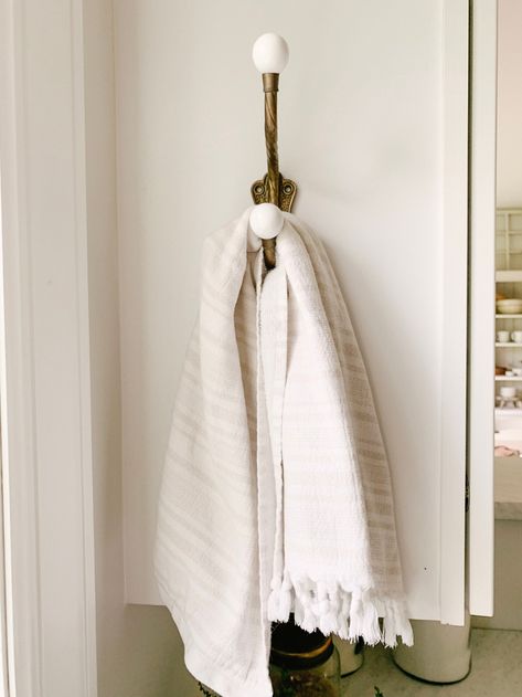 Vintage Kitchen Towel Hook | Sarah Jane Interiors Bathroom Hand Towel Hooks, Clean Modern Bathroom, Sink Coffee Bar, Bathroom Hand Towel Ideas, Farmhouse Towel Hooks, Creamy White Cabinets, Tennessee Home Decor, Vintage Towel Hooks, Hand Towel Holder Ideas