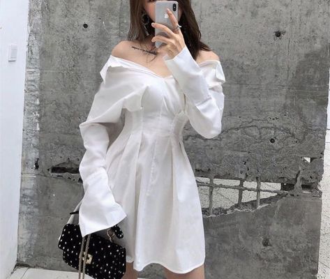 Summer Dress Korean, Bodycon Shirt, Off Shoulder Shirt, Fitted Mini Dress, Mini Dress Fashion, Off Shoulder Fashion, Mini Dress Casual, Kpop Fashion, Classy Outfits