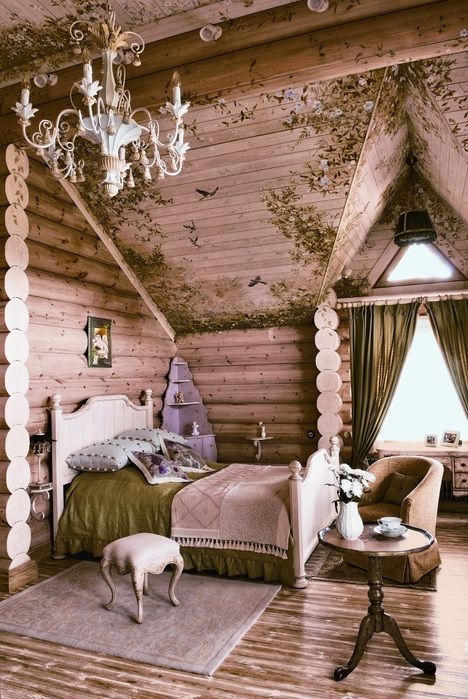 Siberian House: Noble Fairytale Home in Russia I like the painting on the seeling. Log Cabin Bedroom, Fairytale Bedroom, Cabin Bedroom, Natural Home Decor, Cool Ideas, Beautiful Bedrooms, Dream Bedroom, Log Homes, Design Case