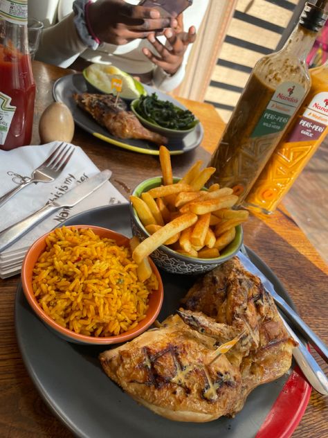 Nando’s U.K. standard meal Nandos Aesthetic, Peri Peri Chips, Foods Aesthetics, African Recipes Nigerian Food, Half Chicken, Savory Meals, Peri Peri, Nigerian Food, 24th Birthday