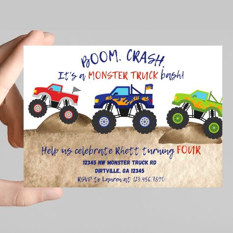 Monster Truck Theme Birthday Party Zazzle, Third Birthday Monster Truck, Monster Truck Party Invite, Big Trucks Birthday Party, Monster Truck Themed 2nd Birthday Party, Monster Truck Third Birthday Party, Three Year Old Monster Truck Birthday, Second Birthday Monster Truck Theme, Monster Truck Birthday Invite