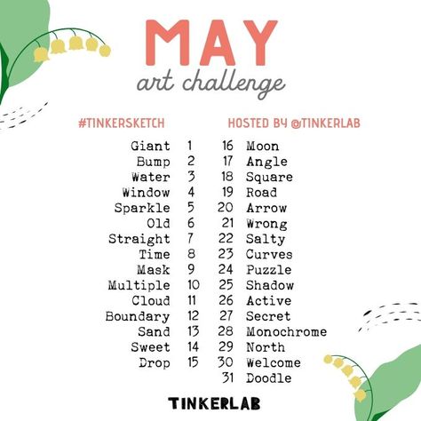 May Art Challenge, Infinity Drawings, Word Prompts, Kids Sketchbook, Sketchbook Prompts, Daily Sketchbook, May Art, 30 Day Art Challenge, Art Journal Challenge