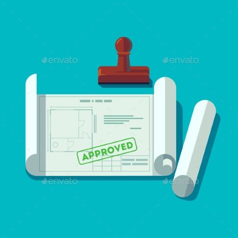 House planning technical blueprints received permission. Building plan approved stamp. Flat style vector illustration. Blueprints House, Approved Stamp, Building Blueprints, Cartoon Character Clipart, Road Building, House Planning, Blue Building, Architecture Background, Architectural Services