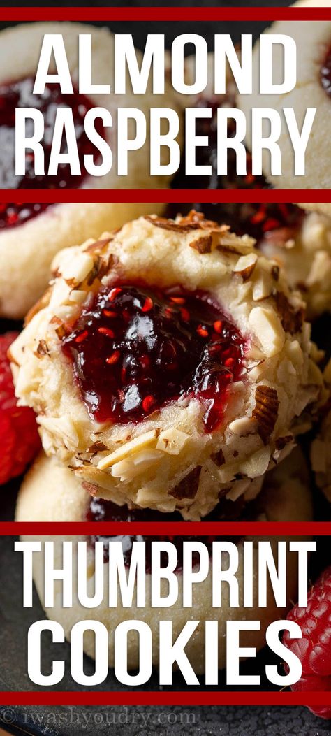 These buttery, soft and tender Almond Raspberry Thumbprint Cookies are the perfect addition to any cookie plate this holiday season! Thimble Cookies, Desserts Board, Raspberry Thumbprint, Almond Crescent Cookies, Raspberry Thumbprint Cookies, Crescent Cookies, Xmas Baking, Thumbprint Cookies Recipe, Raspberry Cookies