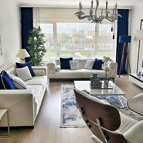 Royal Blue Living Room Decor, Royal Blue Living Room, Interior Design Bedroom Teenage, Tattoo Modern, Living Room Decor Tips, Luxury Sofa Living Room, Blue And White Living Room, Blue Living Room Decor, Living Room Decor Gray