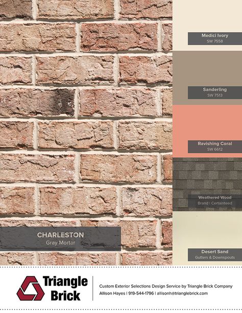 Sherwin-Williams Color of the Month for September Ravishing Coral SW 6612 paired with Charleston brick Pink Brick Color Schemes, Front Door Colors With Pink Brick, Triangle Brick Colors, Pink Brick Exterior Color Schemes, Salmon Brick House Exterior, Peach Brick House Exterior Color Schemes, Pink Brick House Exterior, Pink Brick House Exterior Color Combos, Blonde Brick House Exterior Trim Color