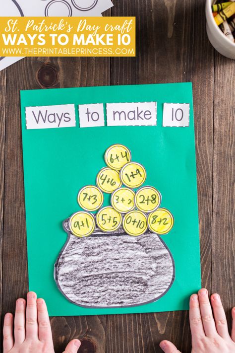 Check out this adorable no prep St Patrick's Day craft for kids FREEBIE. There's no prep work required. Just print the free craft download and let your students get to work. It's perfect for a "Ways to Make 10" review in kindergarten or first grade. This activity has it all: crafts, math, and a fun review! Ways To Make 10, March Math, Printable Princess, St Patricks Crafts, St Patricks Day Crafts For Kids, March Activities, St Patrick Day Activities, All Crafts, Math Crafts