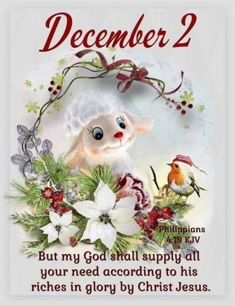 December 1st Quotes, December Scriptures, December Images, Words Of Faith, Welcome December, December Quotes, Christmas Scripture, Philippians 4 19, Christmas Bible Verses