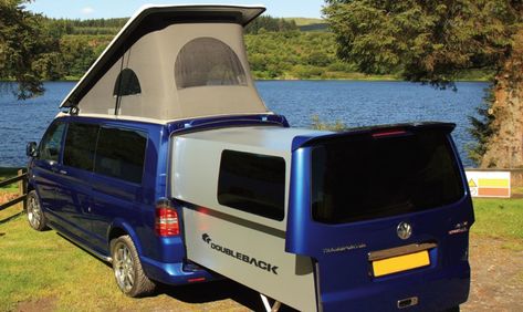 DoubleBack adds a sliding pod to VW's Transporter van Vw Transporter Campervan, Trailer Camper Conversion, Lego Van, Vw Kampeerwagens, Vw Transporter Camper, Vw Transporter Van, Cargo Trailer Camper Conversion, Transporter Van, Cargo Trailer Camper